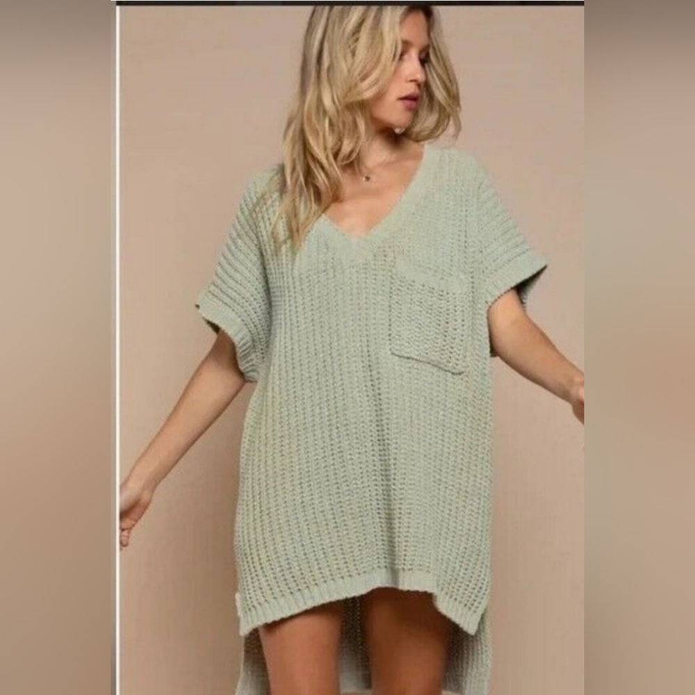 Pol Hi, low short sleeve sage green sweater size S
